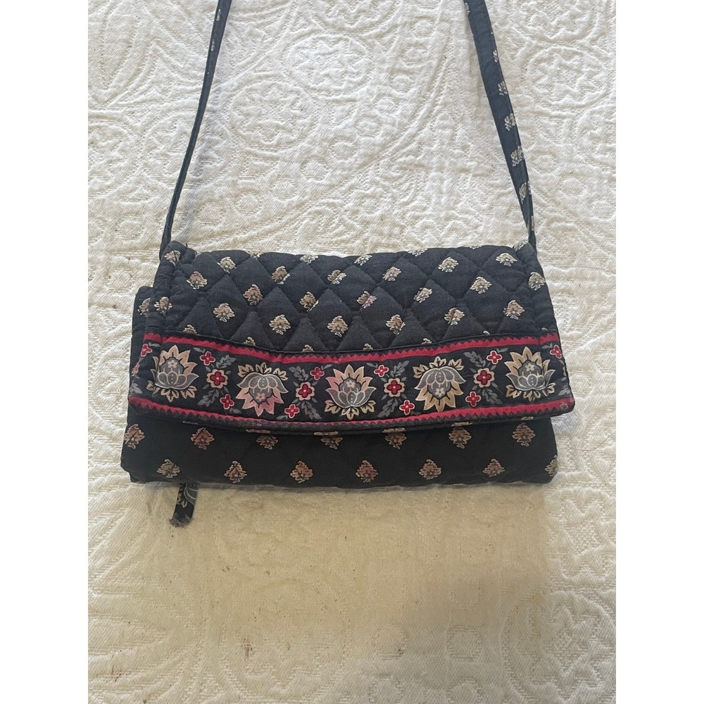 Vintage Vera Bradley Provencal Quilted Cotton Crossbody Wallet Bag Black Floral‎